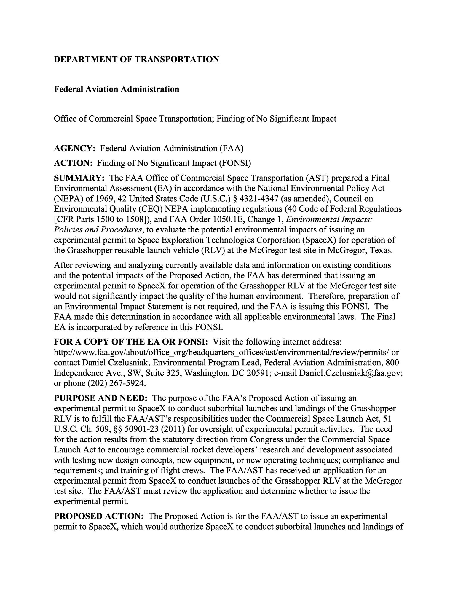 The first page of the FAA’s Finding of No Significant Impact for Grasshopper at McGregor.