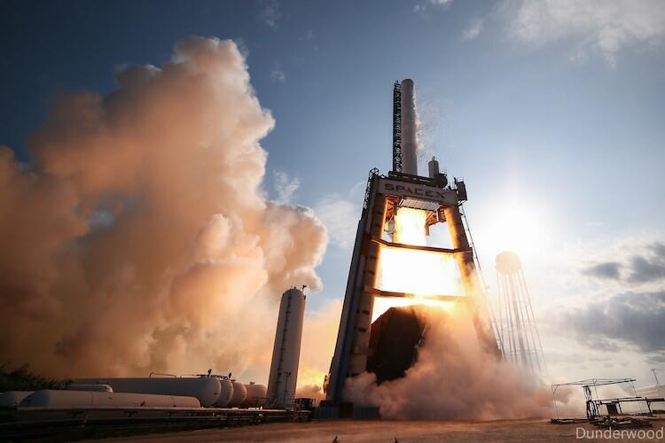 The Falcon 9-R stage firing on the test stand at McGregor.