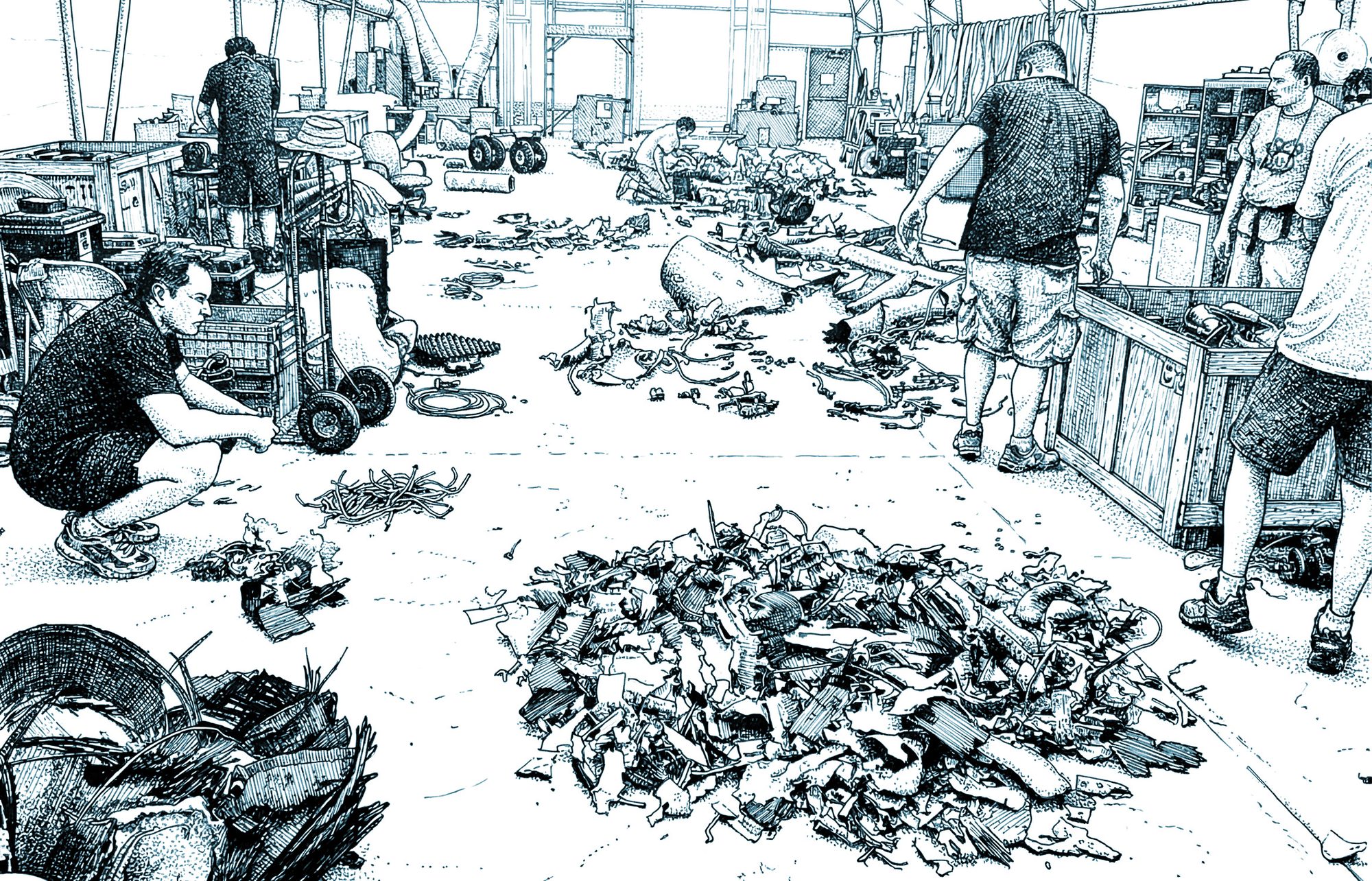 An ink drawing of people sorting debris on a hangar floor.