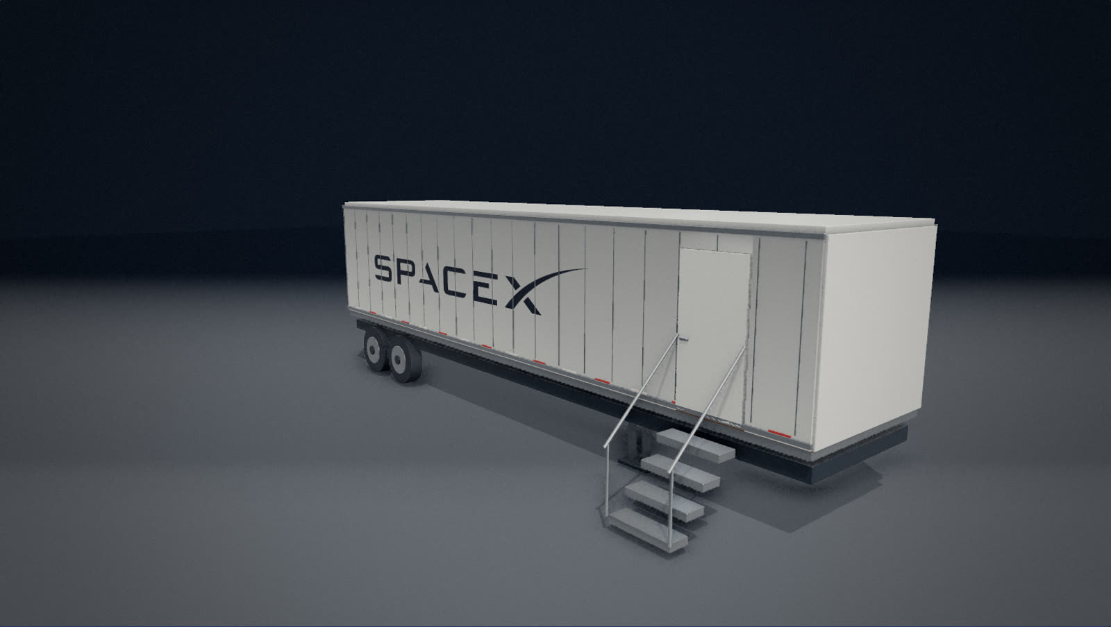 A 3D reconstruction of the white control trailer with the SpaceX logo on its side, its door and steps, in a dark hall.